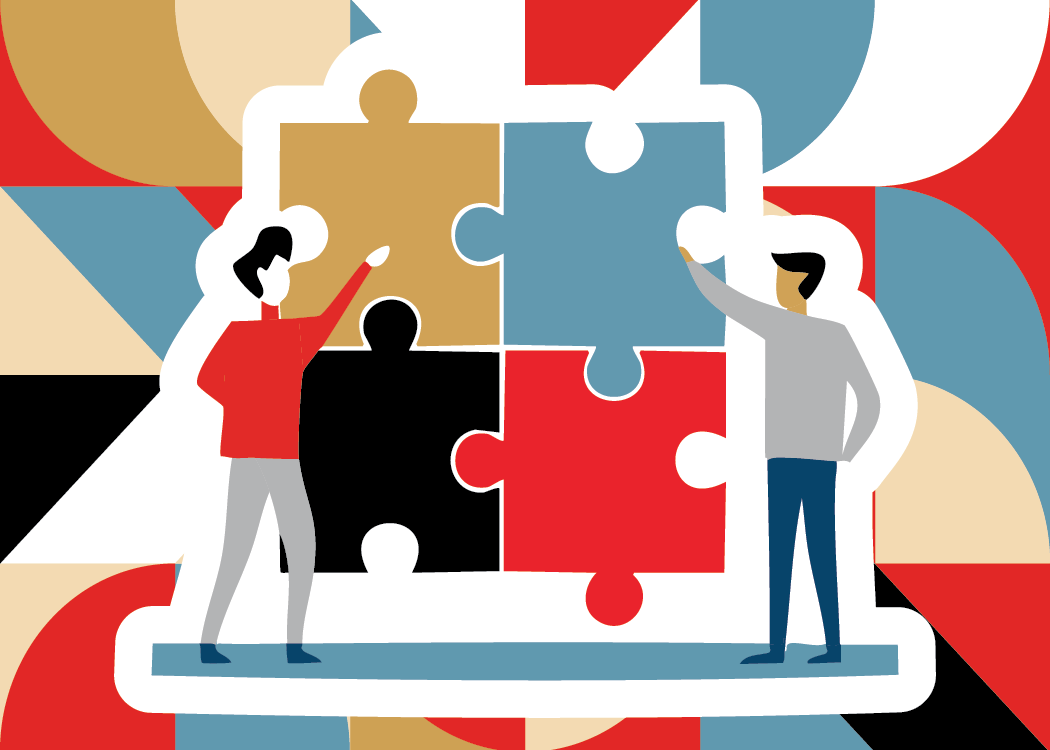 Bauhaus pattern depicting two people solving a puzzle.